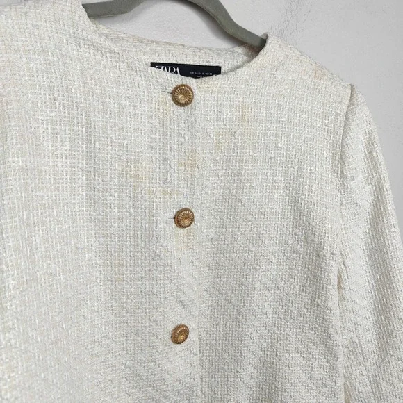 Zara Textured Jacket Womens XL Cream‎ Gold Button Preppy Classic Tweed Holiday - Picture 3 of 9